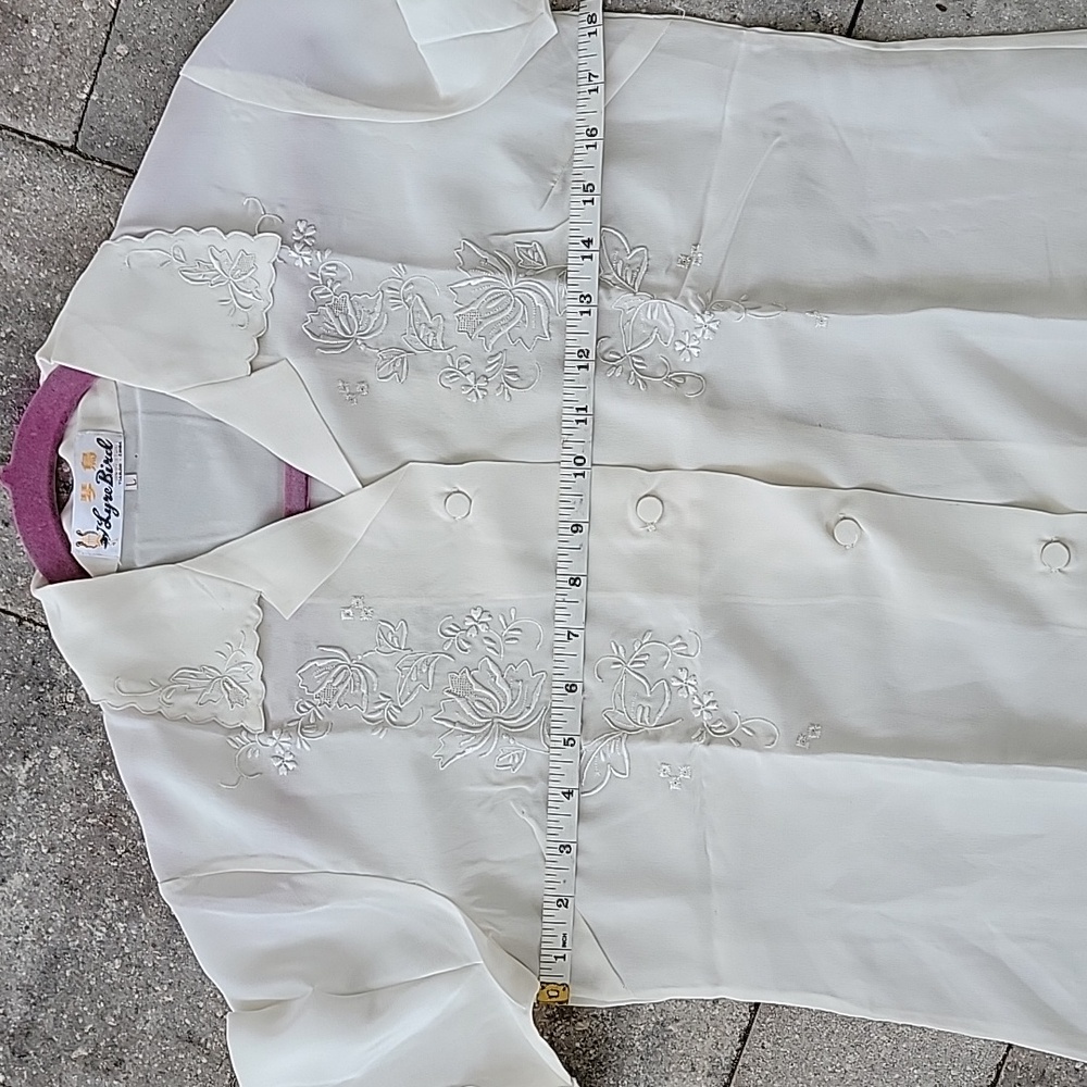 Vintage Chinese Hand-Made Embroidered Silk Short Sleeve Blouse Sz L Ivory - Picture 9 of 11